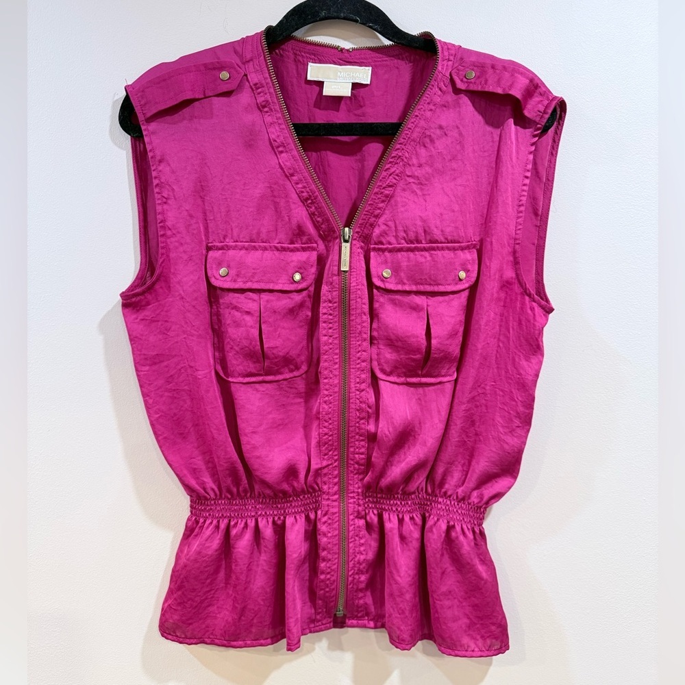 🔥Michael Kors Women’s Sleeveless Zip-Front Top in Fuchsia Size L Petite EC 🔥 - Picture 1 of 6